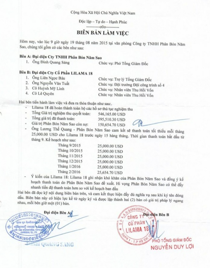 Bi&ecirc;n bản l&agrave;m việc trước đ&oacute; giữa hai c&ocirc;ng ty