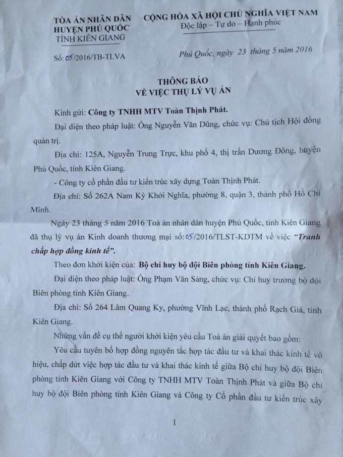Th&ocirc;ng b&aacute;o thụ l&yacute; vụ &aacute;n của TAND huyện Ph&uacute; Quốc