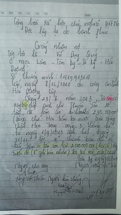 Giấy vay nợ giữa &ocirc;ng Q&uacute;y v&agrave; &ocirc;ng Thuần. &Ocirc;ng Thuần khẳng định l&agrave; hợp ph&aacute;p c&ograve;n &ocirc;ng Q&uacute;y cho rằng c&oacute; dấu hiệu viết th&ecirc;m.