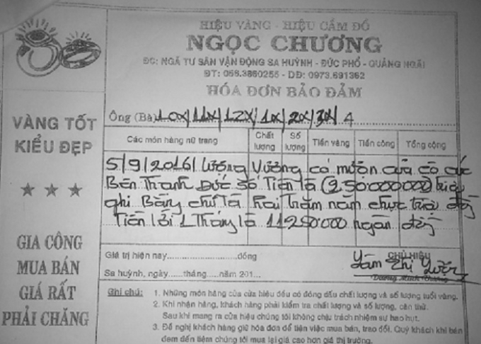 Giấy mượn tiền của tiệm v&agrave;ng Ngọc Chương.
