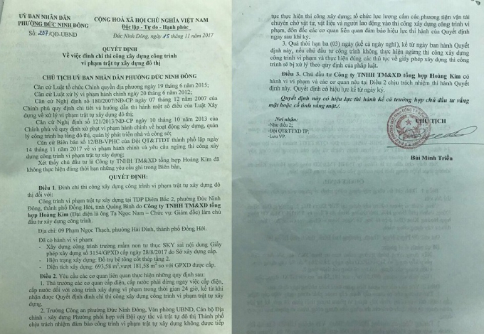 Quyết định đ&igrave;nh chỉ thi c&ocirc;ng của UBND phường Đức Ninh Đ&ocirc;ng. (Ảnh: Pha Ba)