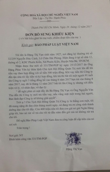 Đơn của b&agrave; Vạn gửi đến T&ograve;a soạn.