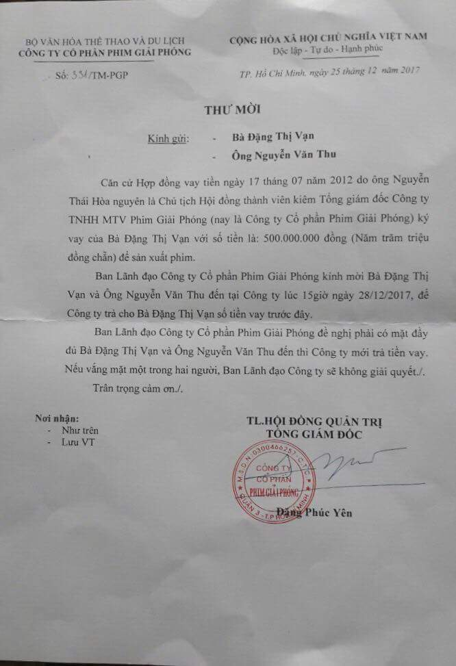 Thư mời của C&ocirc;ng ty phim Giải Ph&oacute;ng gửi b&agrave; Vạn v&agrave; &ocirc;ng Thu.