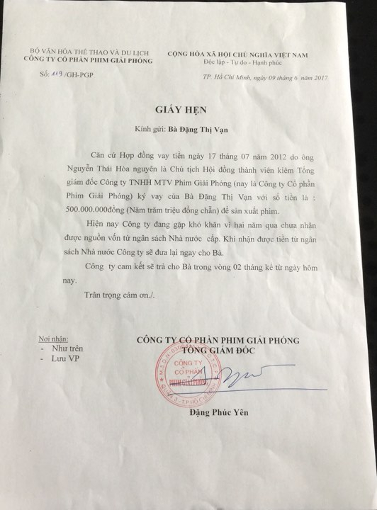 Giấy hẹn của C&ocirc;ng ty cổ phần phim Giải Ph&oacute;ng.