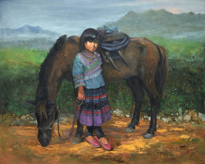 Tranh &ldquo;Đợi mẹ&rdquo; của họa sĩ B&ugrave;i Văn Tuất.