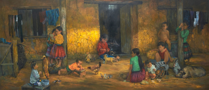 Bức tranh &ldquo;Một ng&agrave;y như thế&rdquo; &ndash; 1 trong 3 bức tranh khổ lớn được trưng b&agrave;y tại triển l&atilde;m &ldquo;Tuổi thơ như thế&rdquo;.