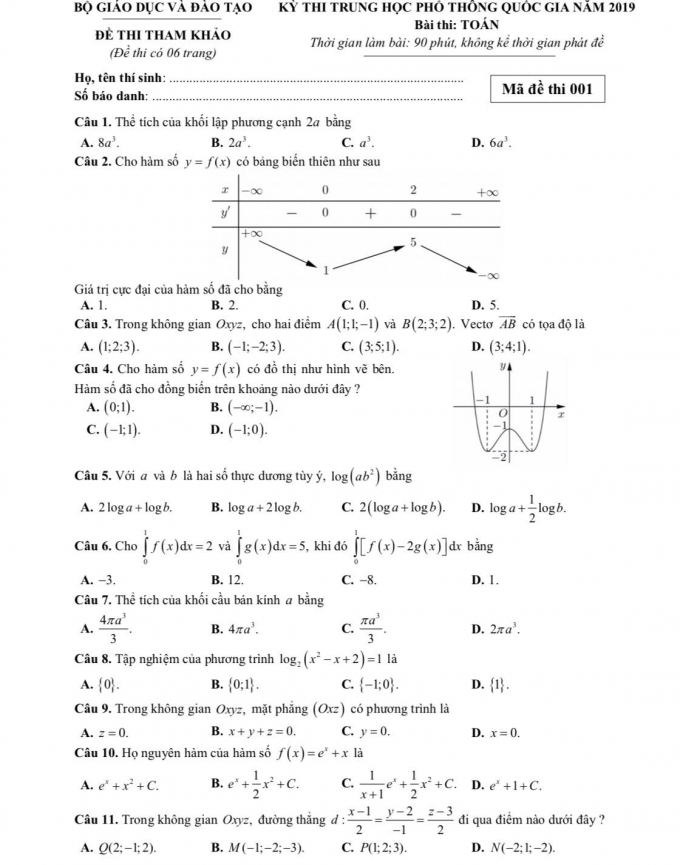Bộ Gi&aacute;o dục c&ocirc;ng bố đề thi tham khảo THPT quốc gia năm 2019 m&ocirc;n To&aacute;n học