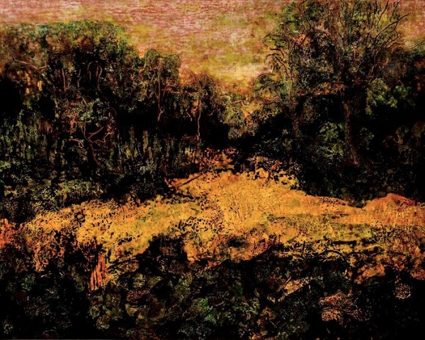 T&aacute;c phẩm Ho&agrave;ng h&ocirc;n của Hiền Nguyễn, chất liệu sơn m&agrave;i, k&iacute;ch thước 80x100cm, năm 2018.