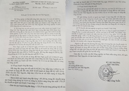 Văn bản của Bộ NN&amp;amp;amp;PTNT b&aacute;c &yacute; kiến đề nghị chuyển đổi 1800 ha rừng đặc dụng của tỉnh Th&aacute;i Nguy&ecirc;n.&nbsp;Ảnh A.Đ.