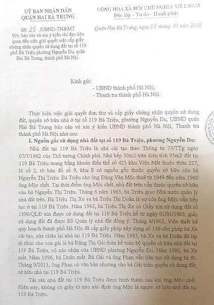 Quận Hai B&agrave; Trưng khẳng định nguồn gốc đất tại 119 B&agrave; Triệu, kh&ocirc;ng c&oacute; giấy tờ n&agrave;o x&aacute;c định &ocirc;ng Mộc kh&ocirc;ng l&agrave; người sở hữu đất tại 119 B&agrave; Triệu.