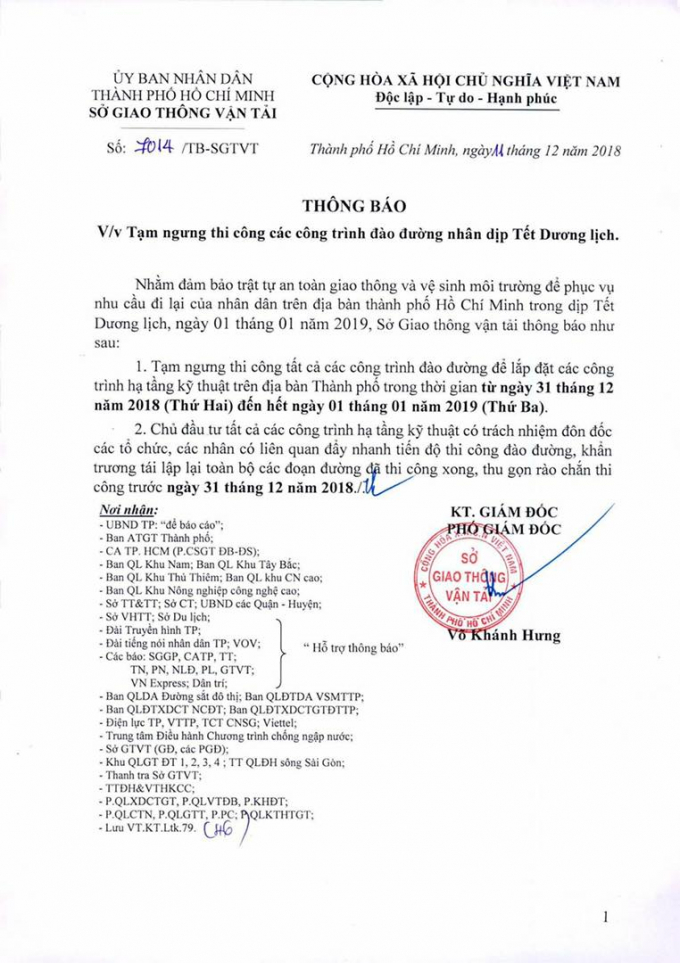 Văn bản th&ocirc;ng b&aacute;o của Sở GTVT TPHCM