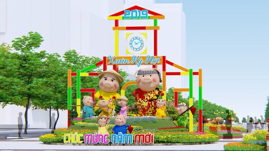 Ở vị tr&iacute; trung t&acirc;m cổng ch&agrave;o l&agrave; đại gia đ&igrave;nh Hợi với 9 th&agrave;nh vi&ecirc;n c&ugrave;ng nhau đi chơi Tết, sắm Tết