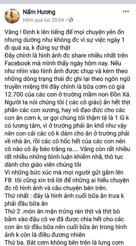 Đoạn chia sẻ tr&ecirc;n trang c&aacute; nh&acirc;n của một gi&aacute;o vi&ecirc;n về việc bị nhiều b&igrave;nh luận khiếm nh&atilde;, th&ocirc; tục n&oacute;i về bữa ăn của học sinh