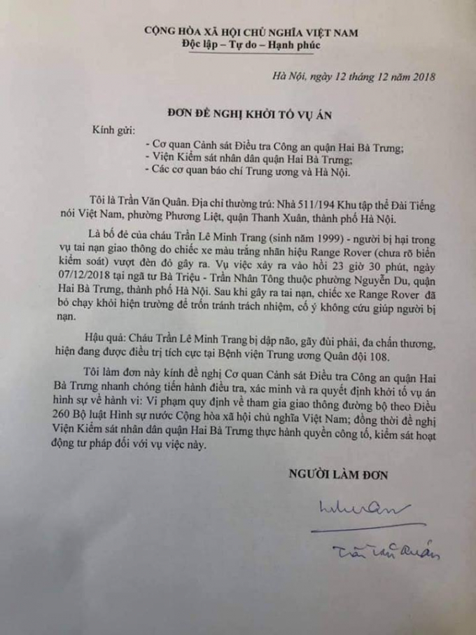 Đơn đề nghị khởi tố vụ &aacute;n của &ocirc;ng Qu&acirc;n.