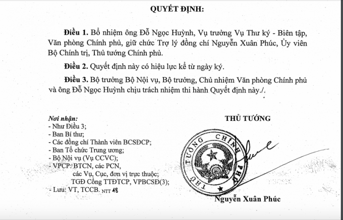 Quyết định bổ nhiệm &ocirc;ng Đỗ Ngọc Huỳnh l&agrave;m trợ l&yacute; Thủ tướng. (Ảnh: B&aacute;o Giao th&ocirc;ng)