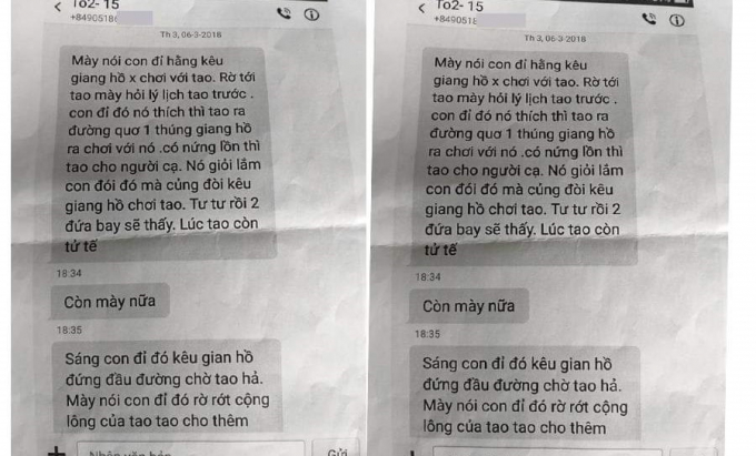 Tin nhắn&nbsp;điện thoại của b&agrave; Trang nhắn tin v&agrave;o m&aacute;y của Hồ Ngọc Trung cho rằng x&uacute;c phạm b&agrave; Hằng.