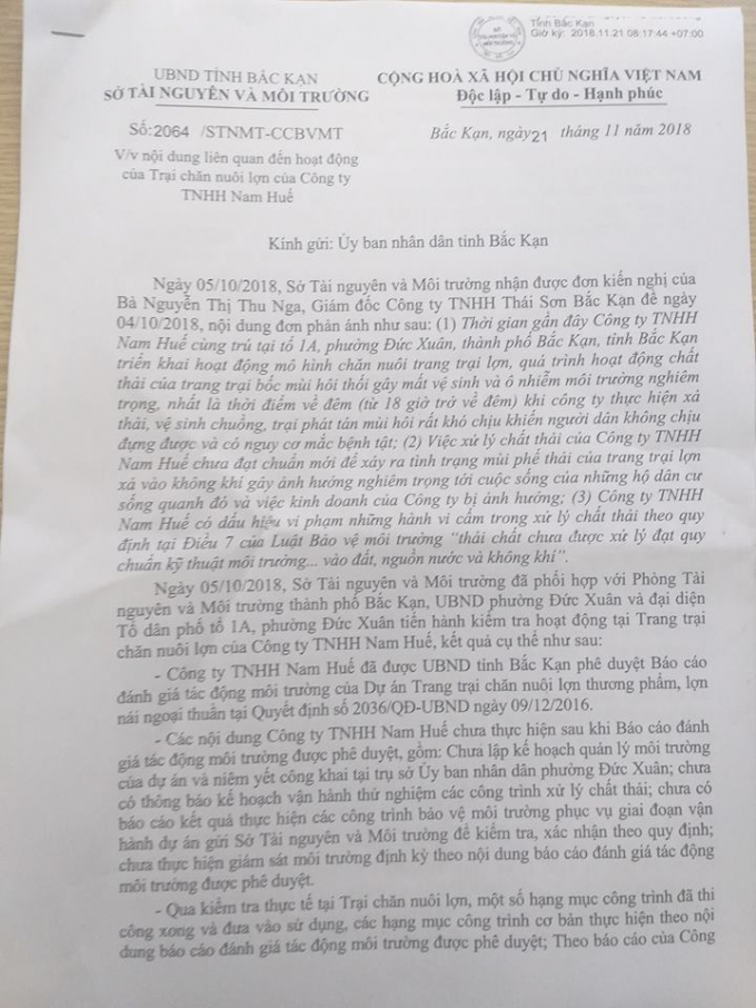 B&aacute;o c&aacute;o của Sở TNMT gửi UBND tỉnh Bắc Kạn.