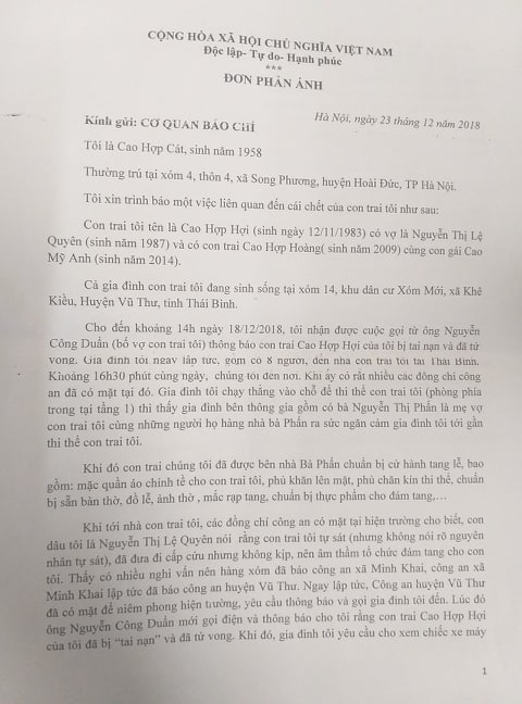 Đơn phản &aacute;nh của &ocirc;ng Cao Hợp C&aacute;t, bố của nạn nh&acirc;n Cao Hợp Hợi gửi t&ograve;a soạn Ph&aacute;p luật Plus.