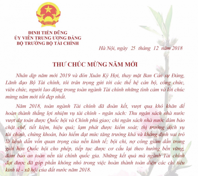 Bộ trưởng Bộ T&agrave;i ch&iacute;nh đ&atilde; gửi thư