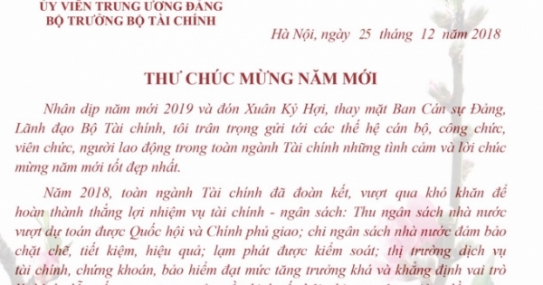 Bộ trưởng Bộ Tài chính Đinh Tiến Dũng gửi Thư chúc mừng năm mới 2019