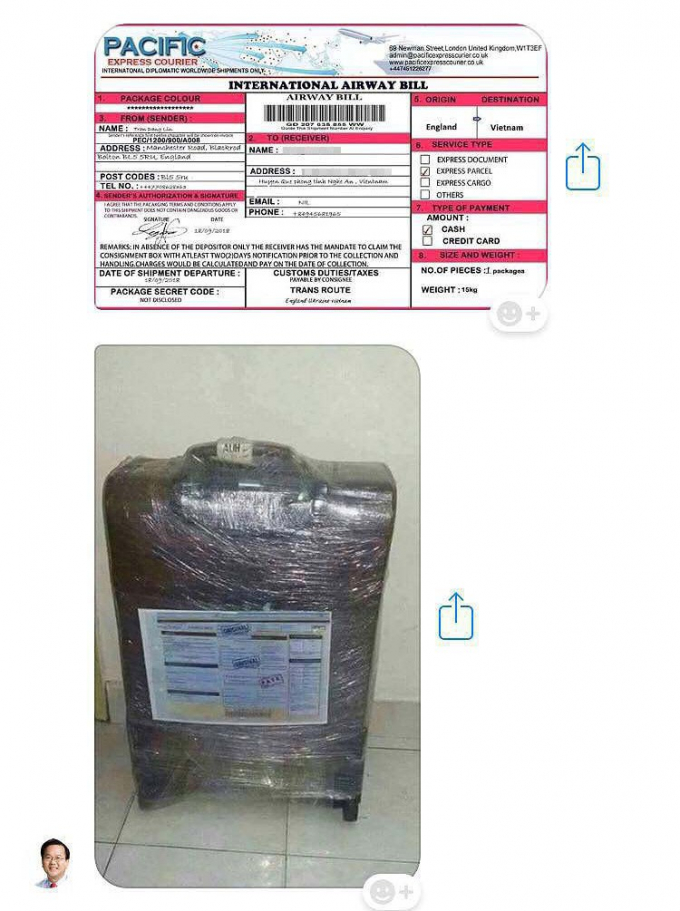 Để nạn nh&acirc;n tin tưởng, c&aacute;c đối tượng lừa đảo quy m&ocirc; quốc tế n&agrave;y sẽ gửi giấy chuyển h&agrave;ng qua đường h&agrave;ng kh&ocirc;ng k&egrave;m theo h&igrave;nh ảnh của m&oacute;n h&agrave;ng c&oacute; chứa h&agrave;ng triệu đ&ocirc; la.