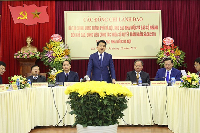 Chủ tịch UBND TP Nguyễn Đức Chung ph&aacute;t biểu tại buổi l&agrave;m việc với Kho bạc Nh&agrave; nước TP H&agrave; Nội