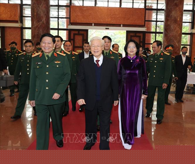 Tổng Bí thư, Chủ tịch nước Nguyễn Phú Trọng, Bí thư Quân ủy Trung ương đến dự Hội nghị. Ảnh: TTXVN
