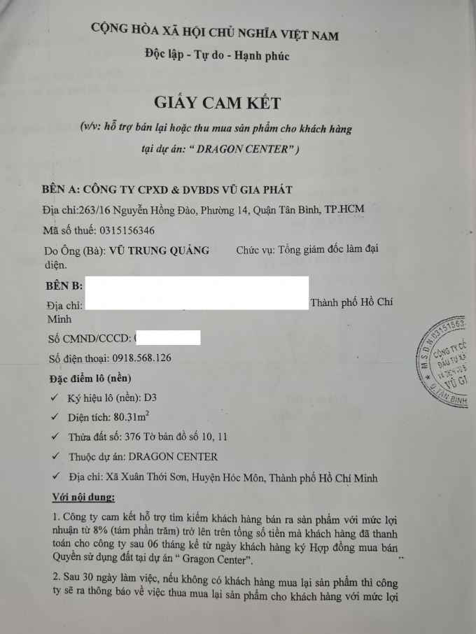 Giấy cam kết Công ty Vũ Gia Phát ký với khách hàng