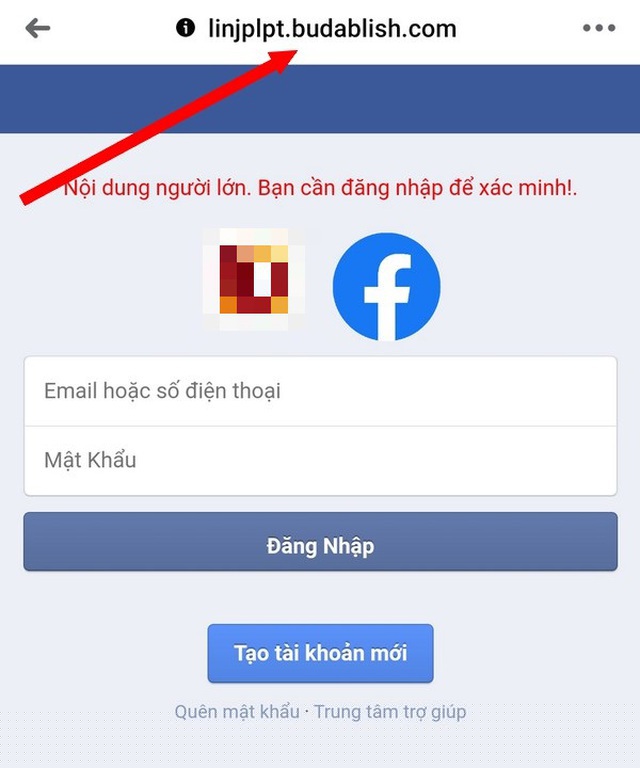 Trang web giả mạo với giao diện đăng nhập giống Facebook, nhưng để ý kỹ sẽ thấy đường link trang web này không hề liên quan gì đến Facebook.