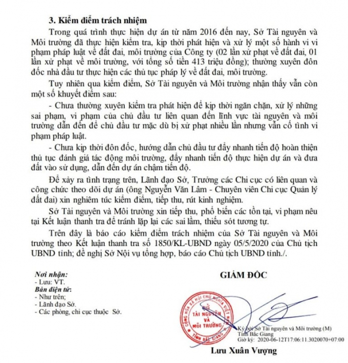 Ngày 12/6/2020, Sở TN&amp;amp;MT ban hành văn bản số 1724/STNMT-VP gửi Sở Nội vụ về việc kiểm điểm trách nhiệm.