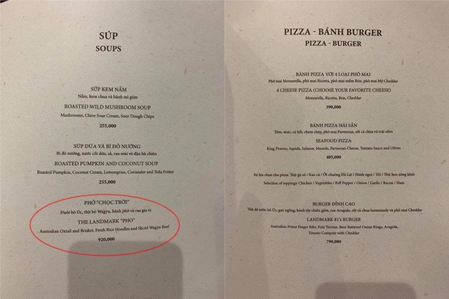 Menu của nhà hàng với món phở đắt đỏ