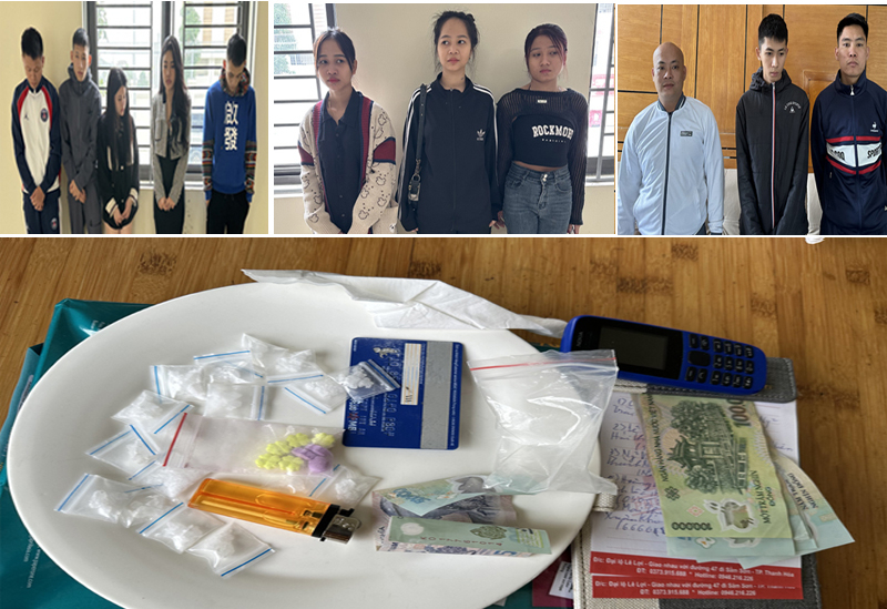 Hình ảnh các đối tượng cùng tang vật.