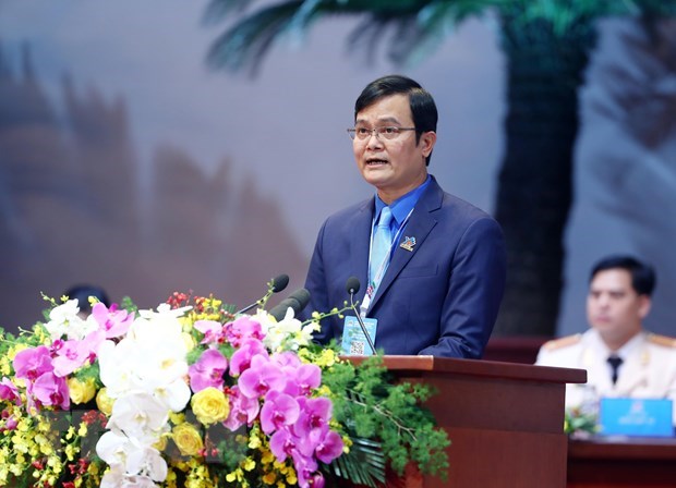 Anh Bùi Quang Huy, Ủy viên dự khuyết Ban chấp hành Trung ương Đảng, Bí thư Thứ nhất Trung ương Đoàn trình bày báo cáo tại đại hội. (Ảnh: Phạm Kiên/TTXVN)