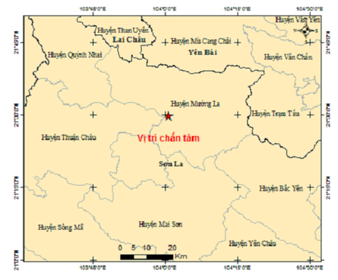 Bản đồ chấn tâm trận động đất (Ảnh: Viện Vật lý Địa cầu).